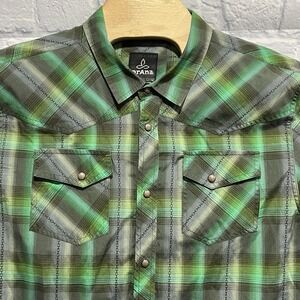 Prana Men Green Plaid Pearl Snap‎ Pockets Long Sleeve Shirt Outdoor Size XL